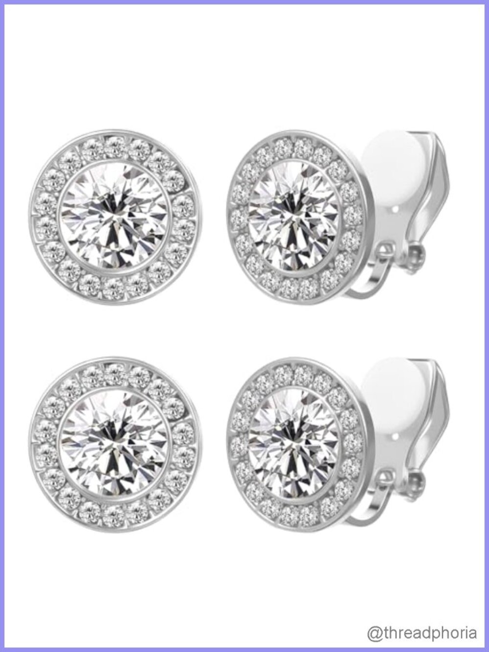 2 Pairs Clip on Earrings Crystal Halo Stud Rhinestone Ear Clips Silver Round